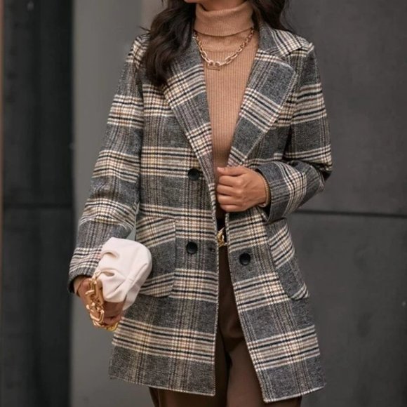 Plaid Print double breasted Pea Overcoat jacket fall winter - Picture 4 of 10